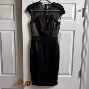 Lela Rose Black Mesh Insert Midi Sheath Dress